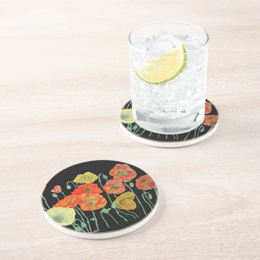 オレンジと黒のケシの花の砂岩コースター コースター (側面)