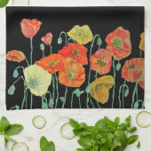 オレンジと黒のケシ水彩ティータオル キッチンタオル (折り畳み)