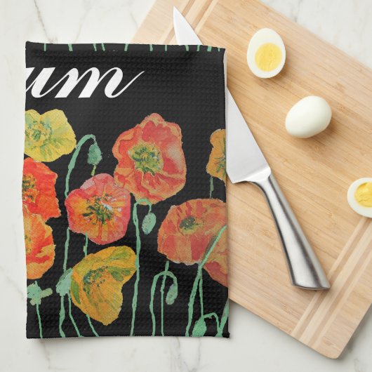 オレンジと黒のケシ水色ムームティータオル キッチンタオル (四つ折り)