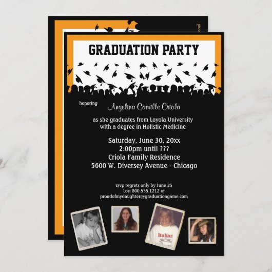 オレンジと黒のシルエット卒業パーティー 招待状 (正面/裏面)