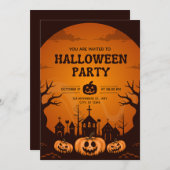 オレンジと黒のシンプルなハロウィンパーティー 招待状 (正面/裏面)