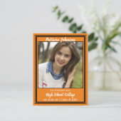 オレンジと黒のスクールカラー写真卒業 案内ポストカード (スタンド正面)