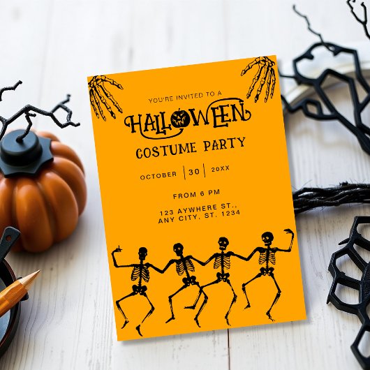 オレンジと黒のスケルトンが怖いハロウィンパーティー 招待状