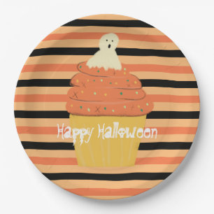 オレンジと黒のストライプのかわいいおばけのカップケーキ ハロウィン ペーパープレート