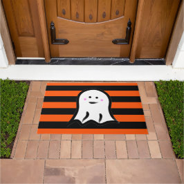 オレンジと黒のストライプのハロウィンガイコツ ドアマット