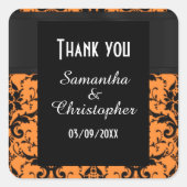 オレンジと黒のダマスクありがとう スクエアシール (正面)