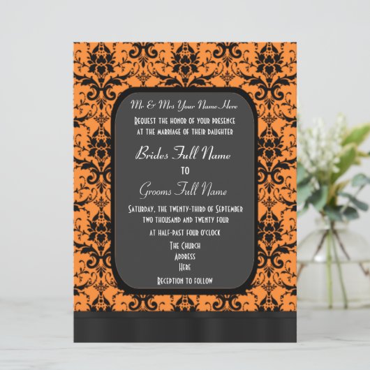 オレンジと黒のダマスクの結婚式 招待状 (スタンド正面)