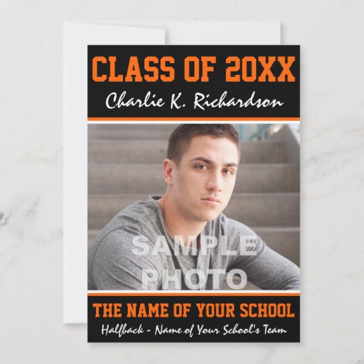 オレンジと黒のチームがスポーツの卒業をカラーに 招待状 (裏面)