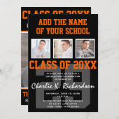 オレンジと黒のチームがスポーツの卒業をカラーに 招待状 (正面/裏面)