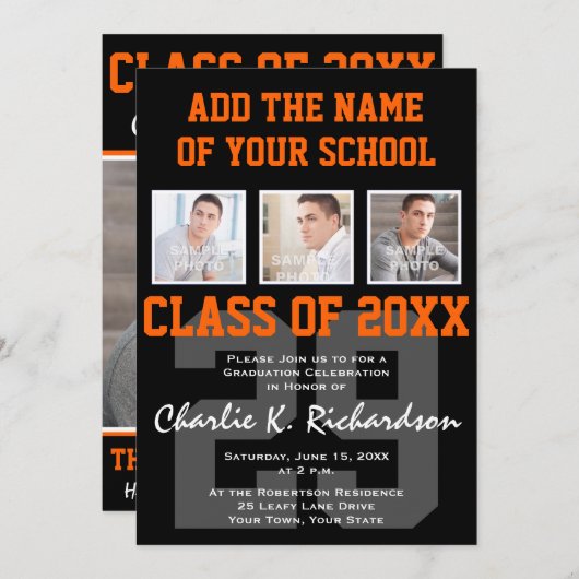 オレンジと黒のチームがスポーツの卒業をカラーに 招待状 (正面/裏面)