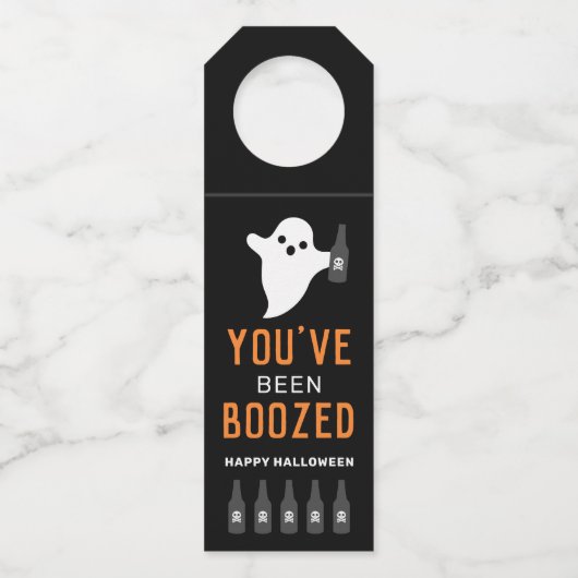 オレンジと黒のハロウィンに酔っぱらった ボトルネックタグ (正面)