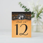 オレンジと黒のハロウィーンスケルトンテーブル番号 ポストカード (スタンド正面)