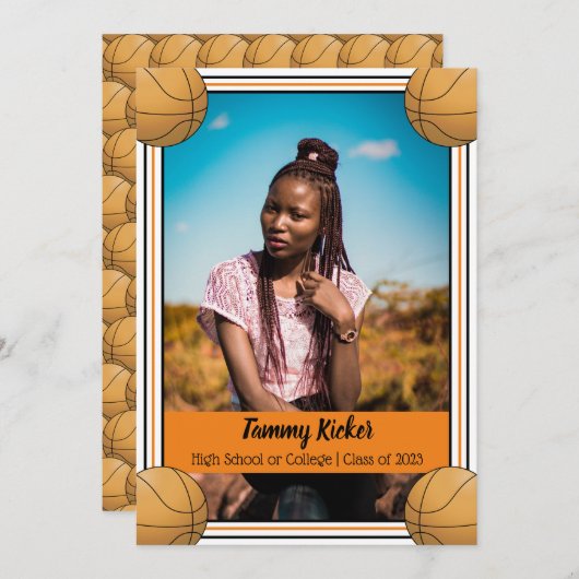 オレンジと黒のバスケットボール卒業 案内状 (正面/裏面)
