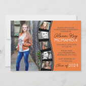 オレンジと黒のフィルムストリップ6写真卒業 招待状 (正面)