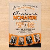 オレンジと黒の写真卒業フィルムストリップ曇り アクリル招待状 (正面)