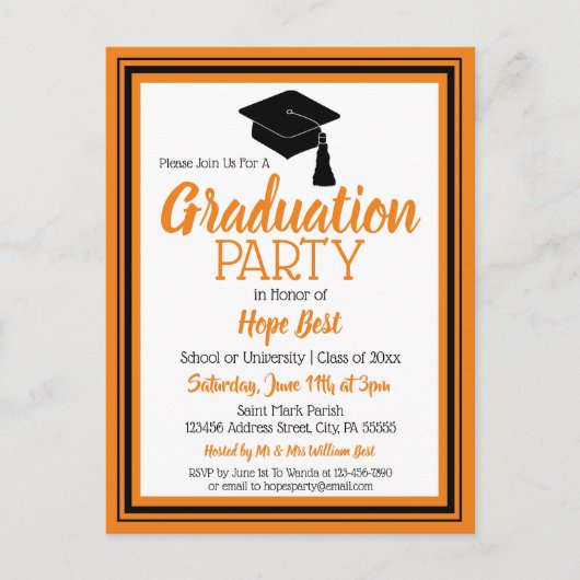 オレンジと黒の学校のカラーズグラードパーティー インビテーションポストカード (正面)