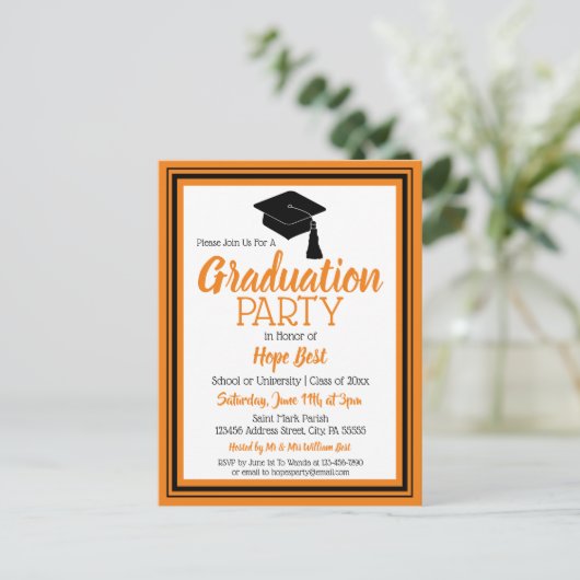 オレンジと黒の学校のカラーズグラードパーティー インビテーションポストカード (スタンド正面)