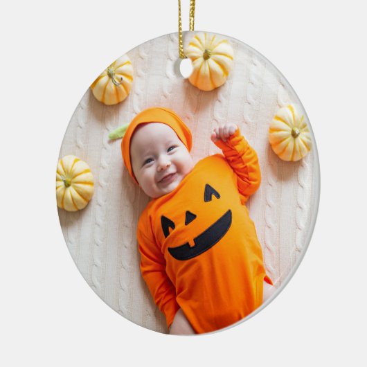 オレンジと黒の私の最初のハロウィーンの写真 セラミックオーナメント (左)