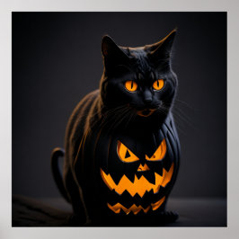 オレンジと黒の縞模様のハロウィン猫 ポスター