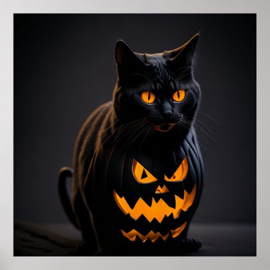 オレンジと黒の縞模様のハロウィン猫 ポスター (正面)