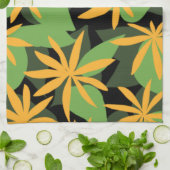 オレンジと黒の花柄 キッチンタオル (折り畳み)