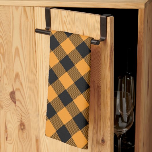 オレンジと黒バッファローチェックハロウィーン キッチンタオル (三つ折り)