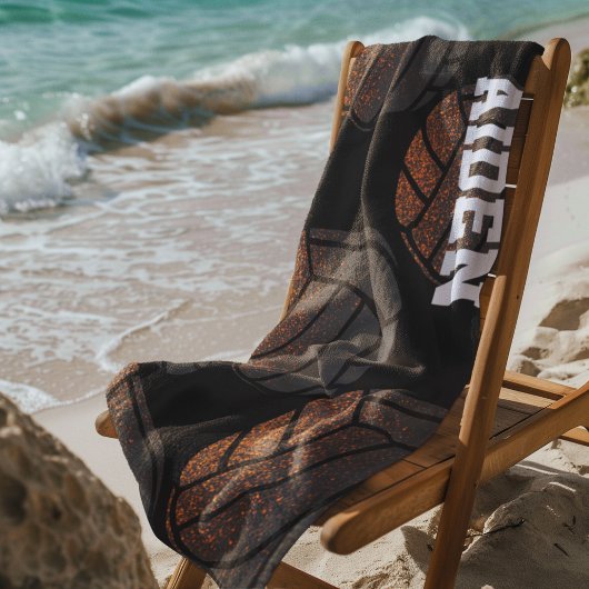 オレンジと黒モノグラムバレーボール ビーチタオル