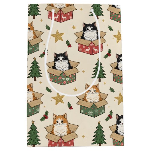 オレンジと黒白の子猫のクリスマスパターン ミディアムペーパーバッグ (正面)