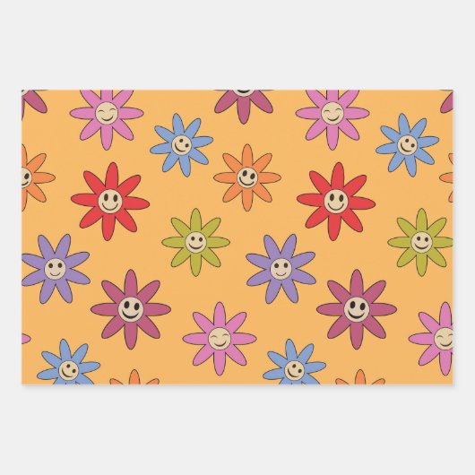 オレンジにハッピー笑顔カラフルの花 ラッピングペーパーシート (正面)