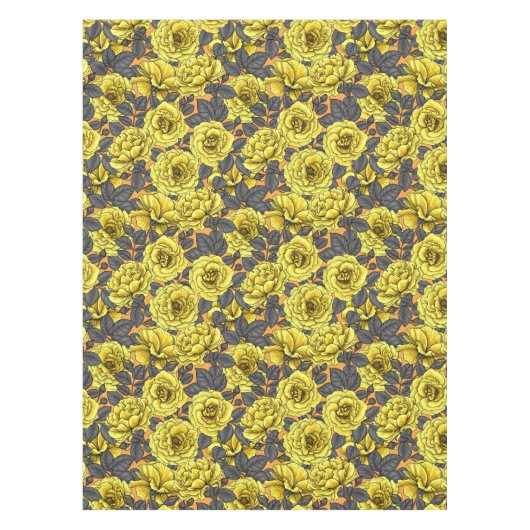 オレンジに灰色の葉バラの黄色 テーブルクロス (正面)