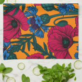 オレンジに赤いケシと青いトウモロコシの花 キッチンタオル (折り畳み)