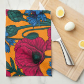 オレンジに赤いケシと青いトウモロコシの花 キッチンタオル (四つ折り)