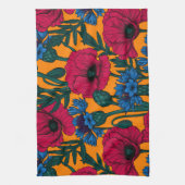 オレンジに赤いケシと青いトウモロコシの花 キッチンタオル (縦)