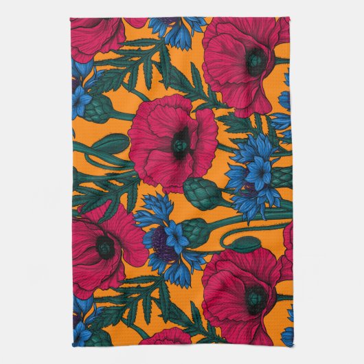 オレンジに赤いケシと青いトウモロコシの花 キッチンタオル (縦)