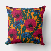 オレンジに赤いケシと青いトウモロコシの花 クッション (正面)