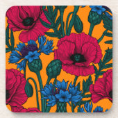 オレンジに赤いケシと青いトウモロコシの花 コースター (正面)