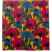 オレンジに赤いケシと青いトウモロコシの花 シャワーカーテン (正面)