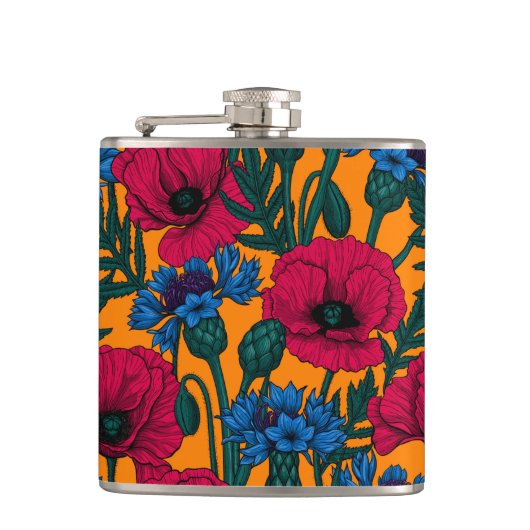 オレンジに赤いケシと青いトウモロコシの花 フラスク (正面)