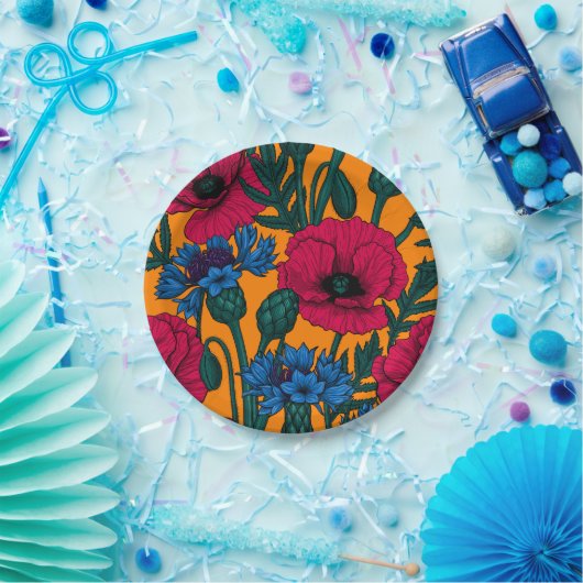 オレンジに赤いケシと青いトウモロコシの花 ペーパープレート (パーティー)