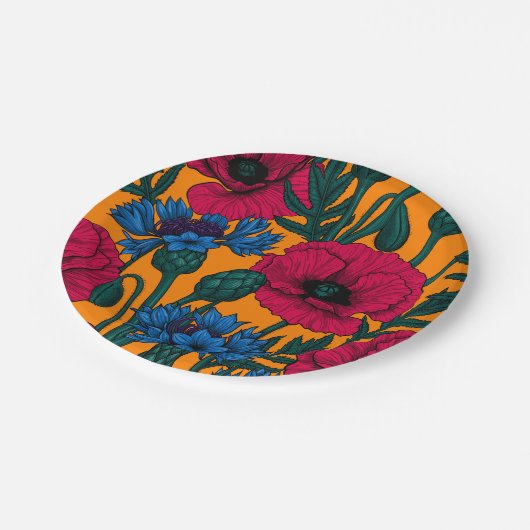 オレンジに赤いケシと青いトウモロコシの花 ペーパープレート (アングル)