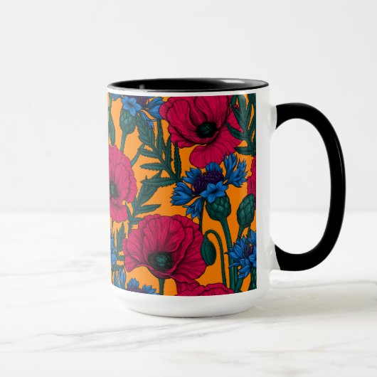 オレンジに赤いケシと青いトウモロコシの花 マグカップ (右)