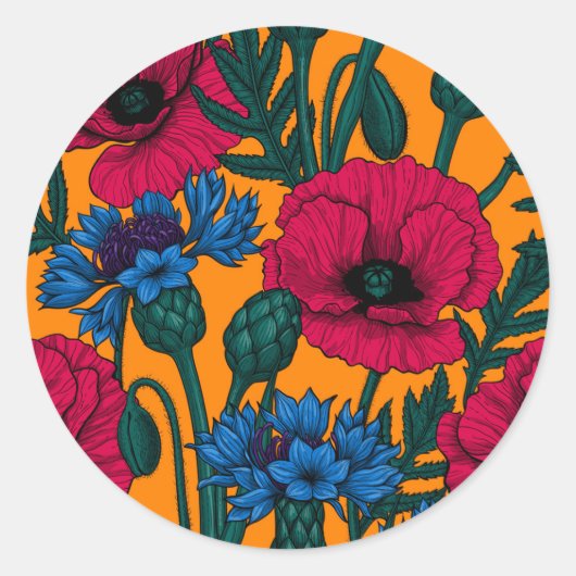 オレンジに赤いケシと青いトウモロコシの花 ラウンドシール (正面)