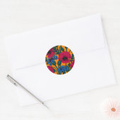 オレンジに赤いケシと青いトウモロコシの花 ラウンドシール (封筒)
