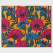 オレンジに赤いケシと青いトウモロコシの花 ラッピングペーパー (フラット)