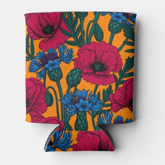 オレンジに赤いケシと青いトウモロコシの花 缶クーラー (正面)