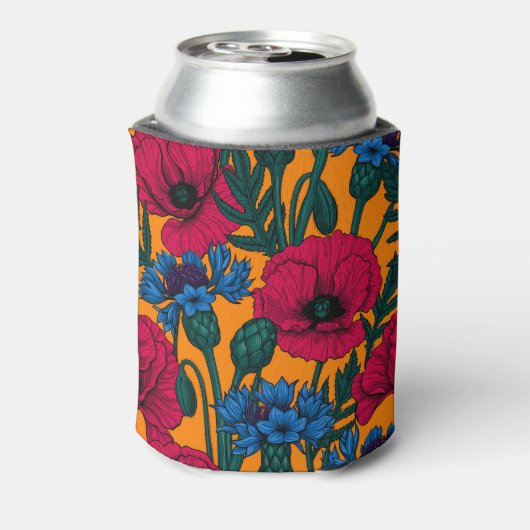オレンジに赤いケシと青いトウモロコシの花 缶クーラー (缶裏面)