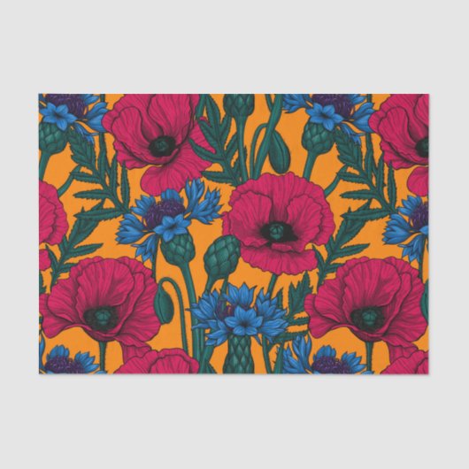 オレンジに赤いケシと青いトウモロコシの花 薄葉紙 (正面)
