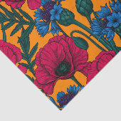 オレンジに赤いケシと青いトウモロコシの花 薄葉紙 (詳細)