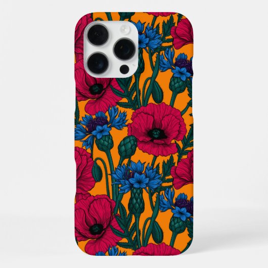 オレンジに赤いケシと青いトウモロコシの花 iPhoneケース (裏面)