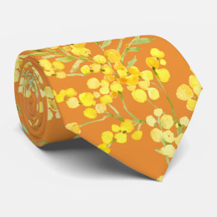オレンジに黄色いミモサの花 ネクタイ